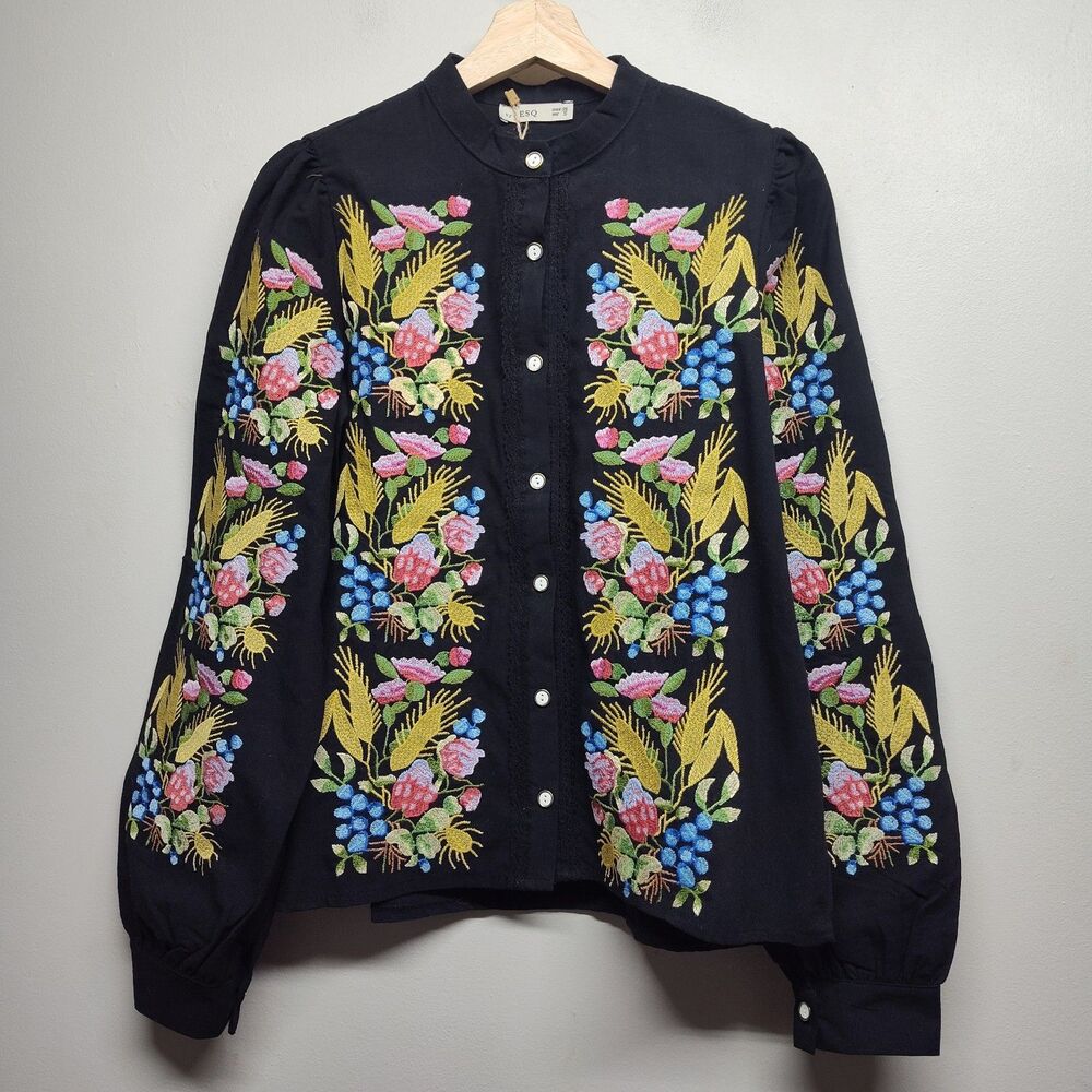 ESQ Button Down Shirt Women S Black Floral Ukraine Embridered Vyshyvanka Boho
